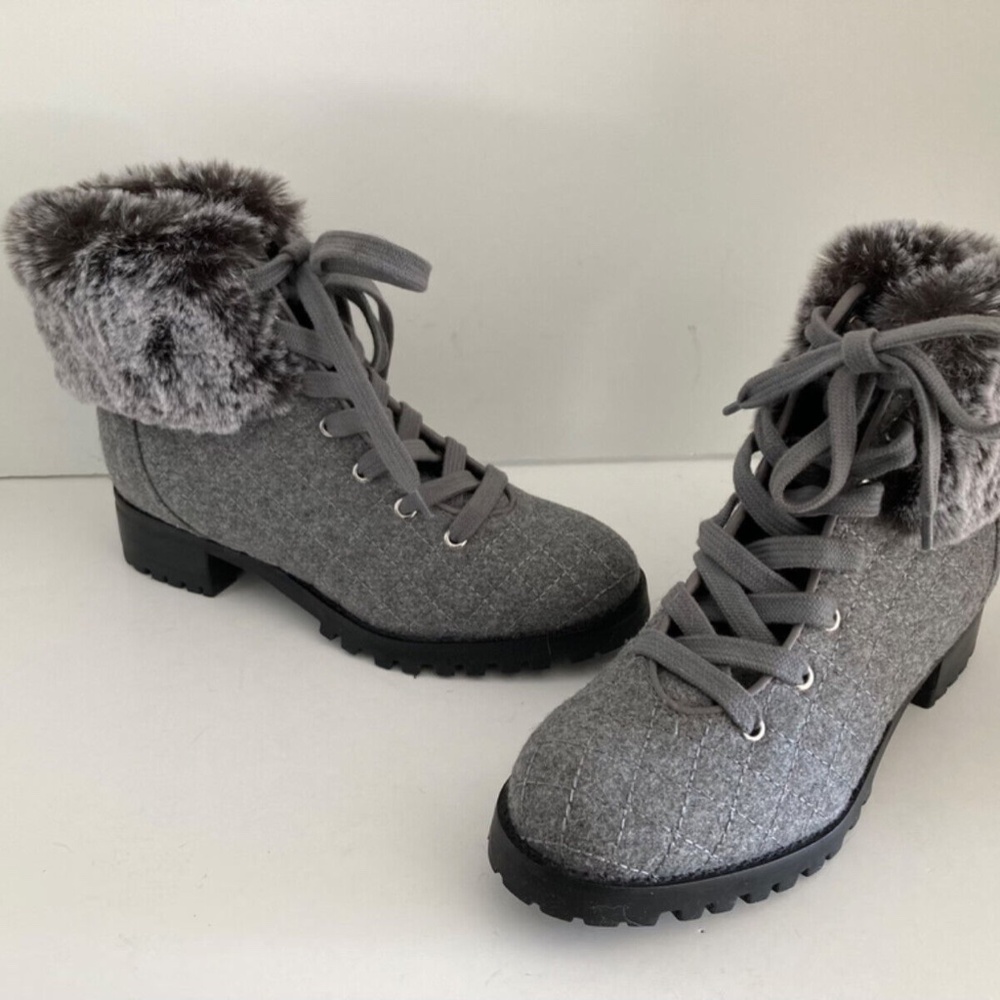 Talbots Women Tish Ankle Boots Booties Quilted Fabric Faux Fur Lace Up 6.5M NWOB